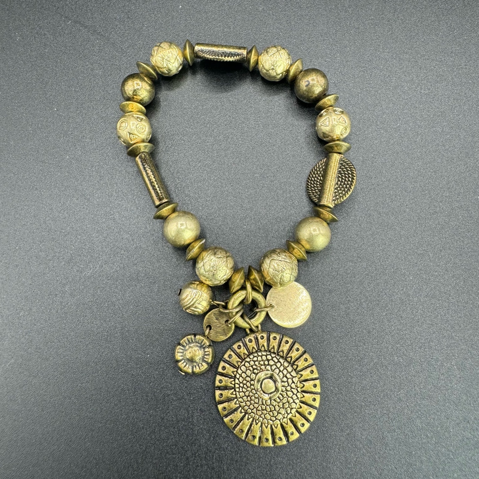 New True Tribal Textured Disc Antique Finish Beaded Elasticized Fashion Bracelet